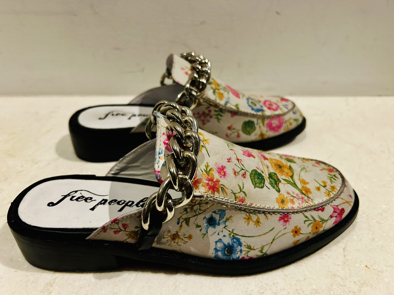 New in box Free People floral and chain mules image indicator(10)