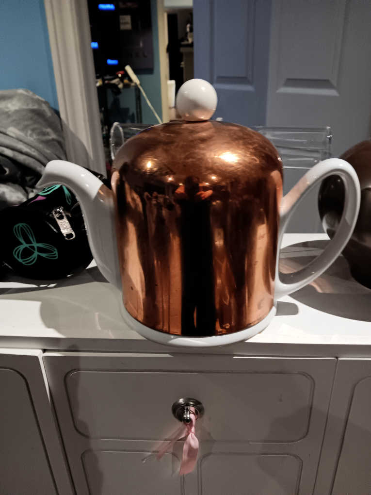 vintage  teapot with copper teacozy thumbnail