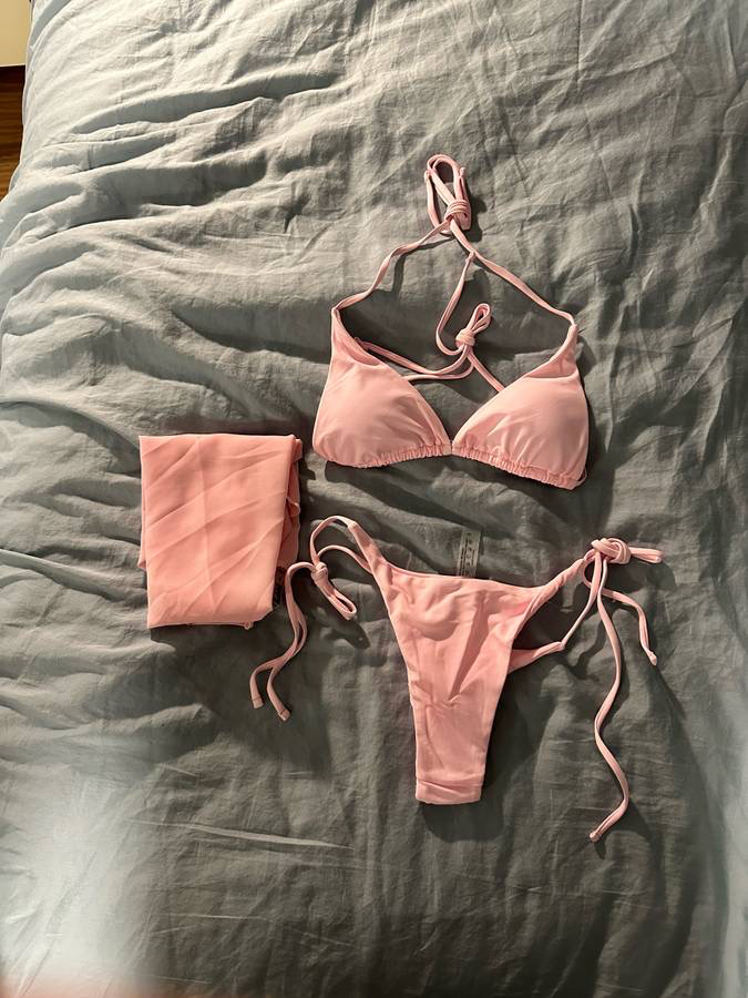 Brand new pink triangle bikini swim suit with skirt image indicator(3)