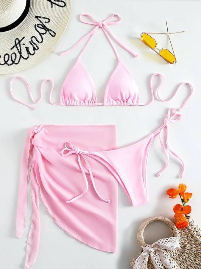 Brand new pink triangle bikini swim suit with skirt image indicator(2)