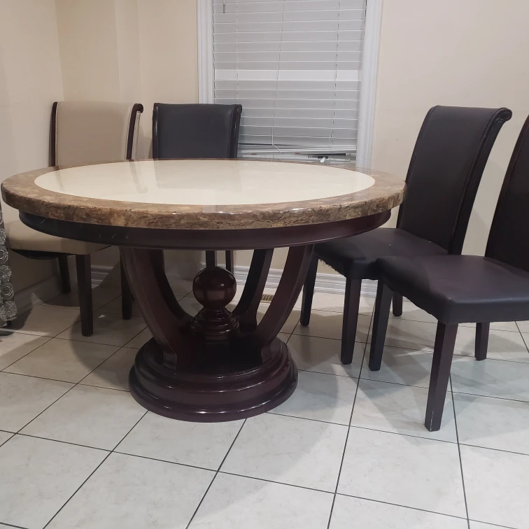 Round marble dinning table set with 5 chairs thumbnail