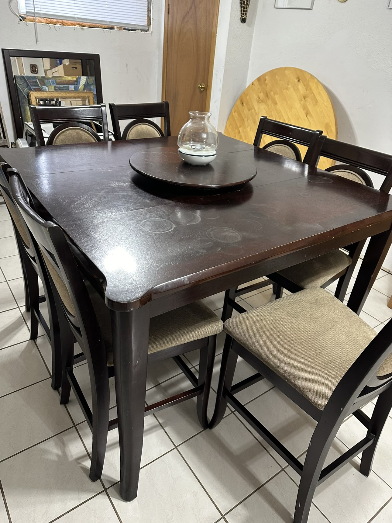 High top dining table with 6 chairs and a lazy Susan image indicator(2)