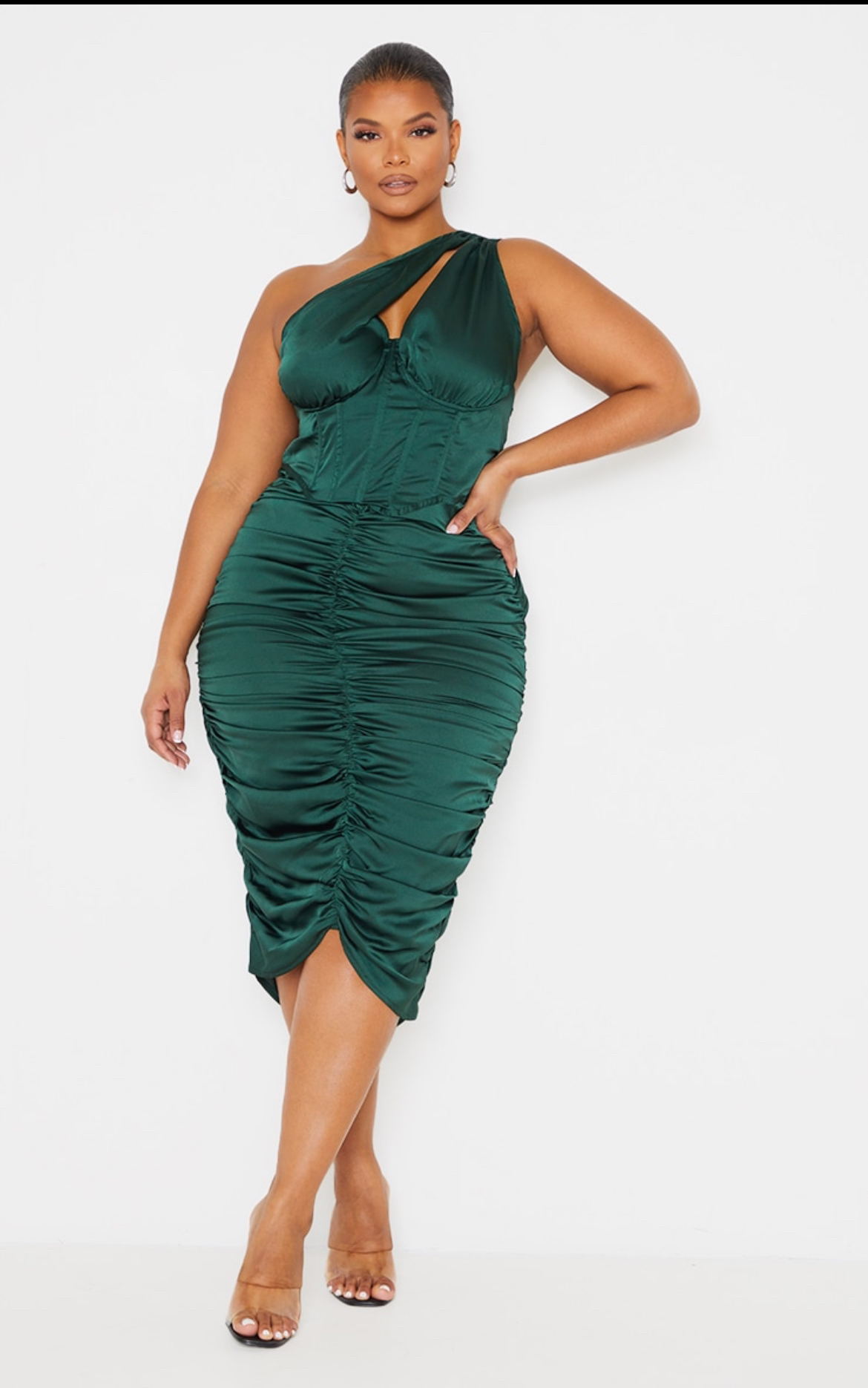 Summer Emerald Green One Shoulder Corset Ruched Satin Midi Dress - photo 3