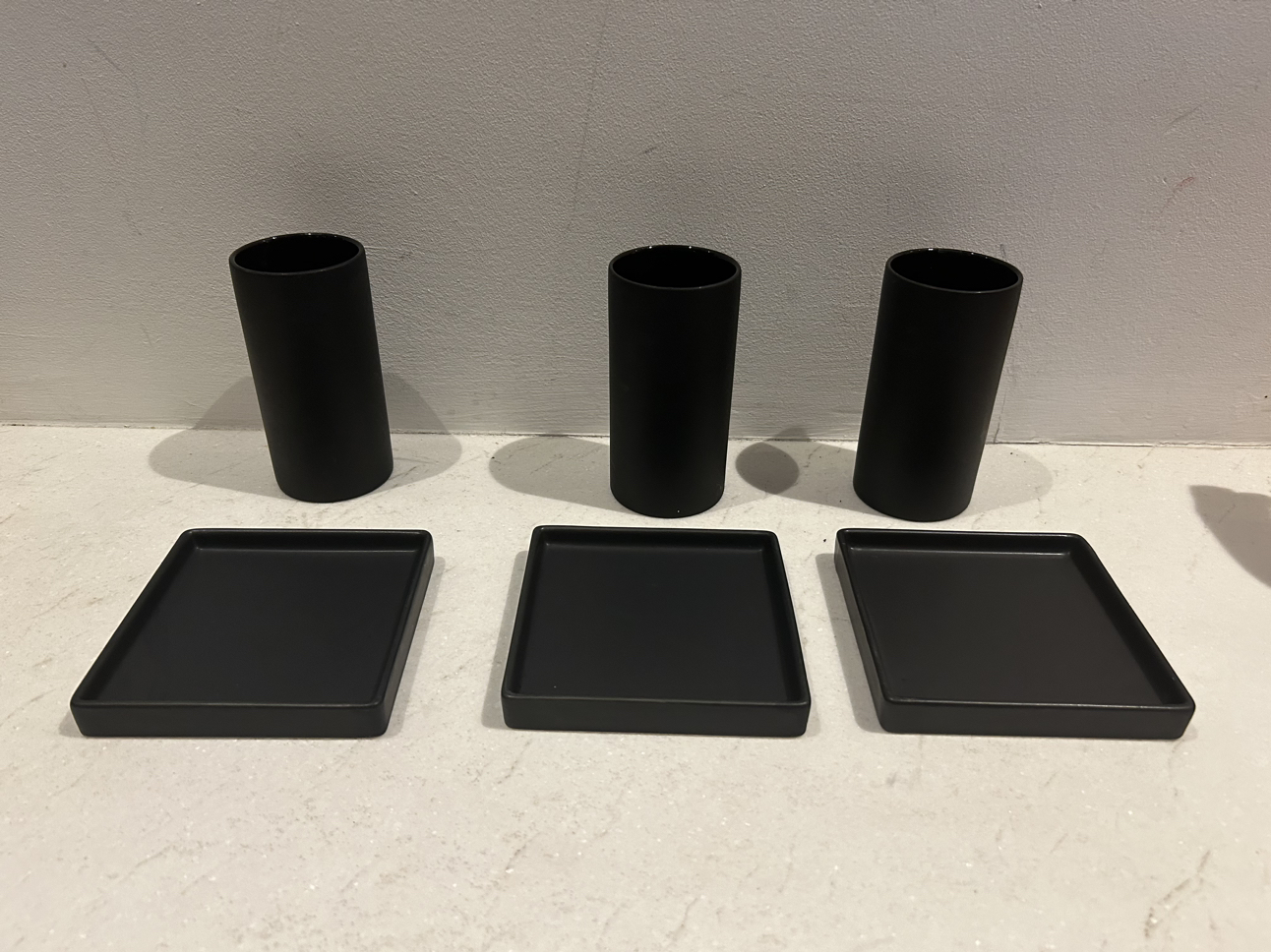 Cb2 black grouping. 3 side plates. 3 glasses. image indicator(8)