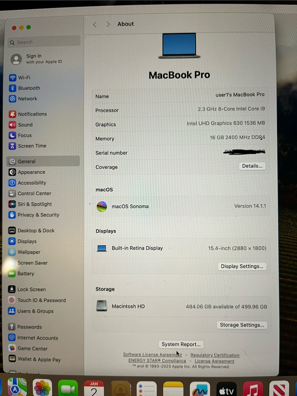 MacBook Pro 2.3GHz 8 core i9 2019 15.4