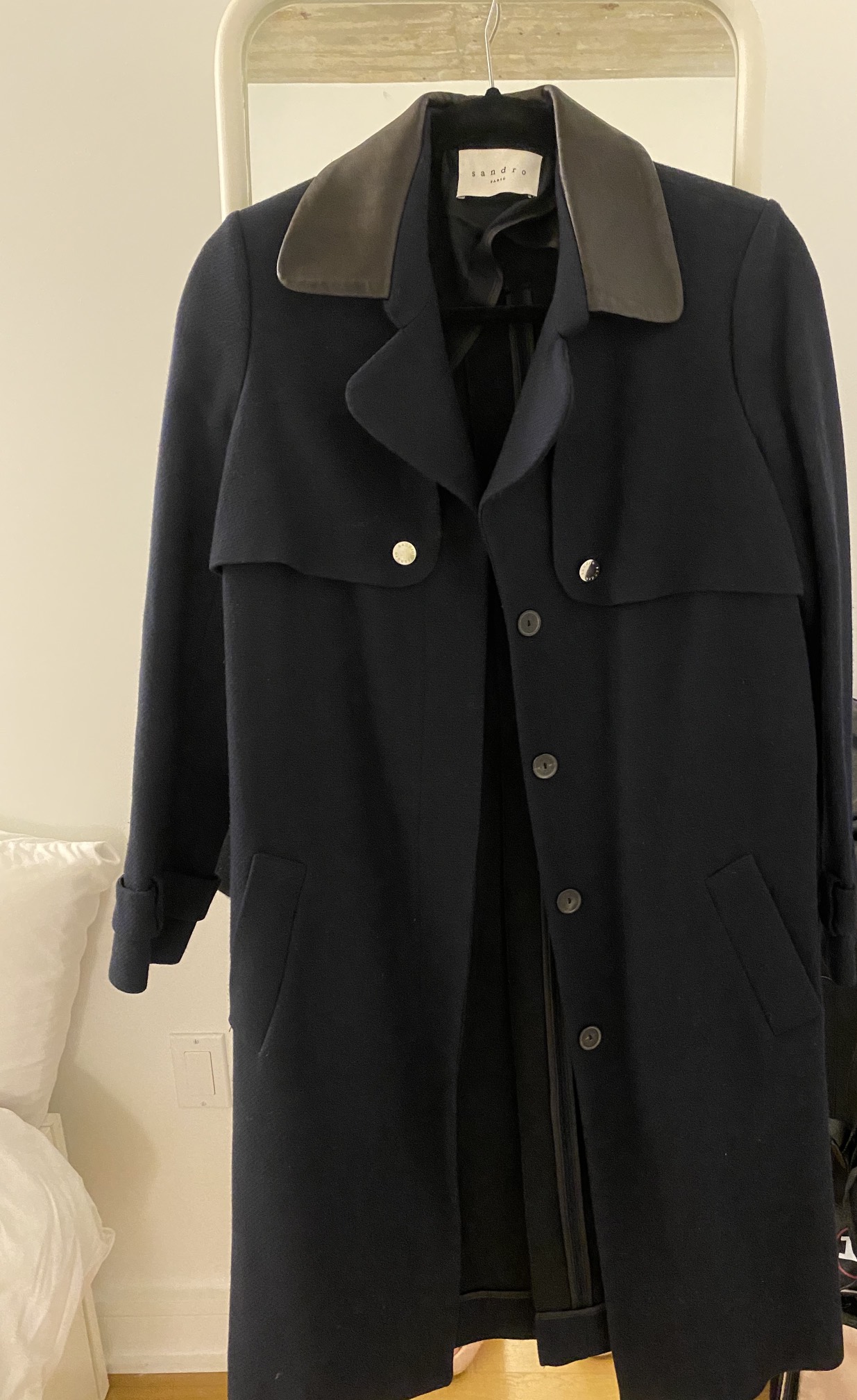 Sandro, blue woolen trench coat with leather collar in - photo 2