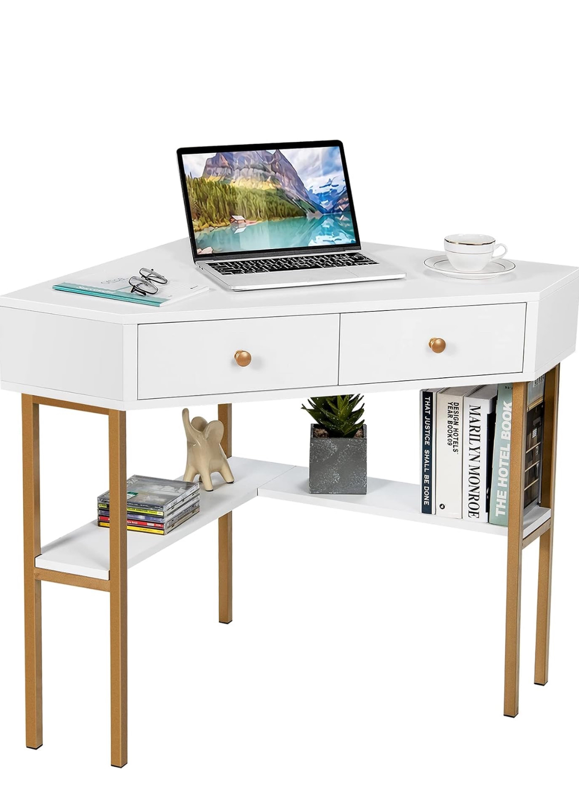 Corner White Desk Table with Drawers