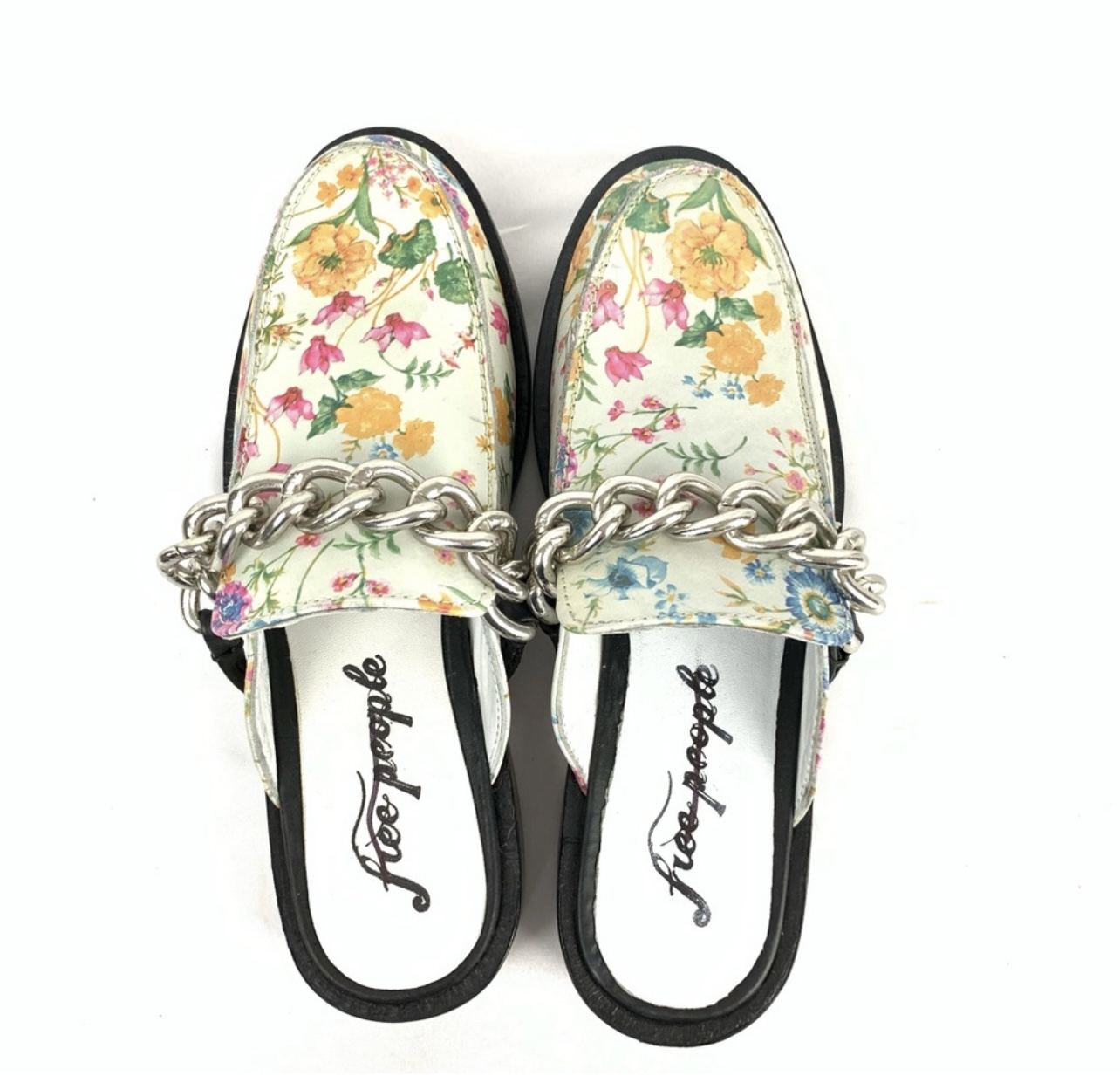 New in box Free People floral and chain mules image indicator(2)
