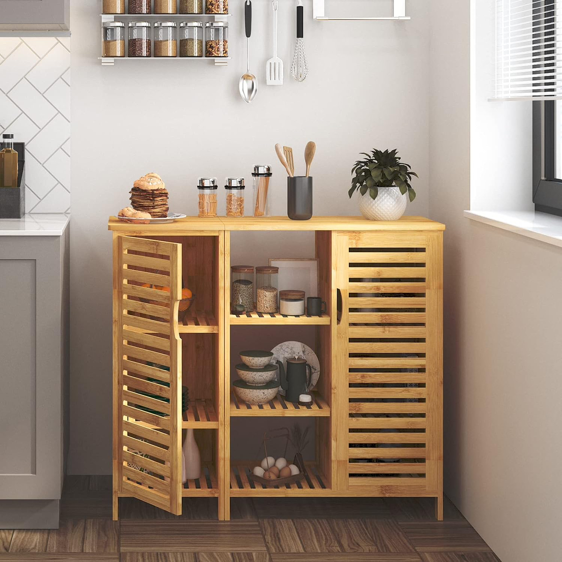 Soges Two Door, Three Shelf Bamboo Cabinet
