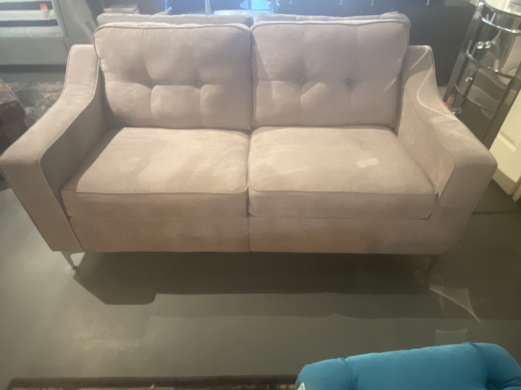 Small grey sofa with chrome feet and tufted back thumbnail