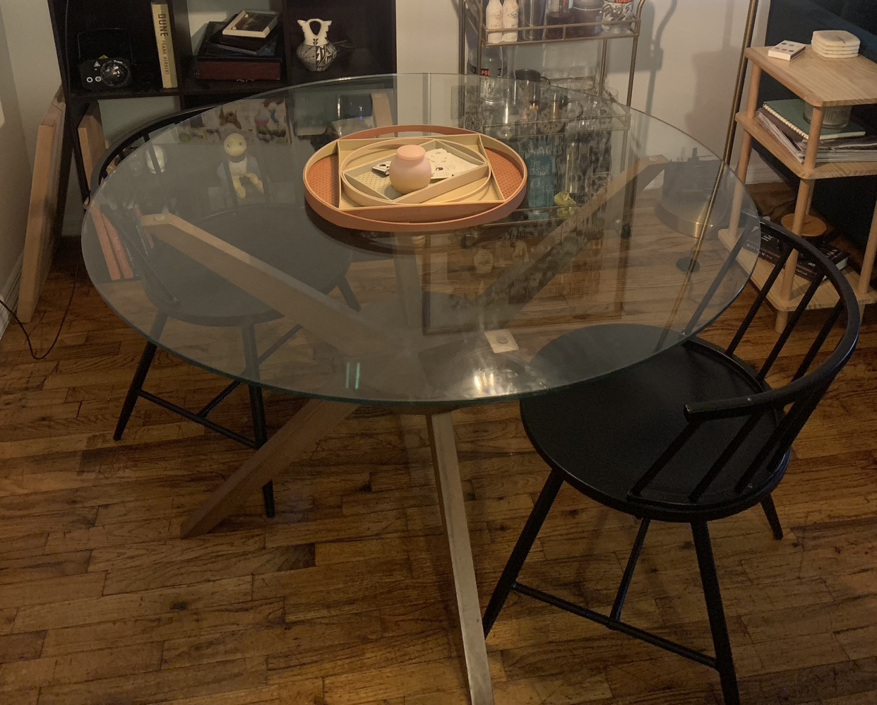 Modern Walnut and Glass Dining Table w/ two chairs, “48 round