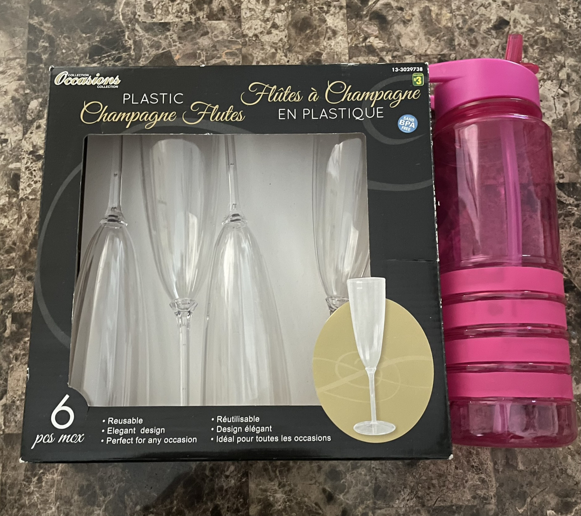 Plastic Champagne Glasses & Water Bottle thumbnail