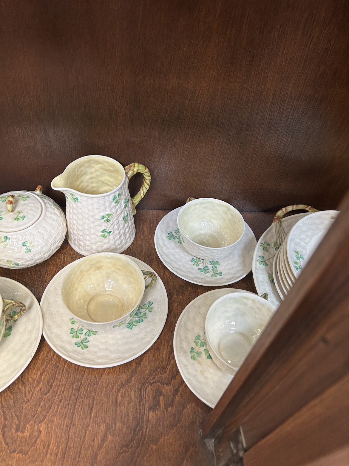 Irish Belleek Shamrock 22 Piece Antique China Tea Set image indicator(6)