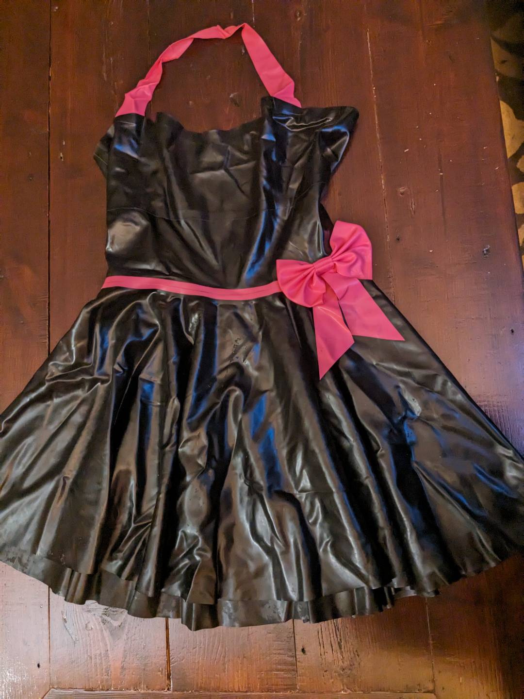 L - latex halter dress with bow