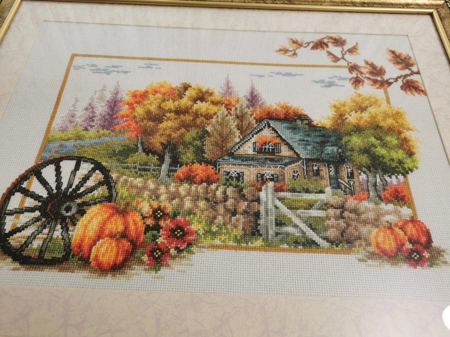 Hand made Cross Stitch Autumn lane.
