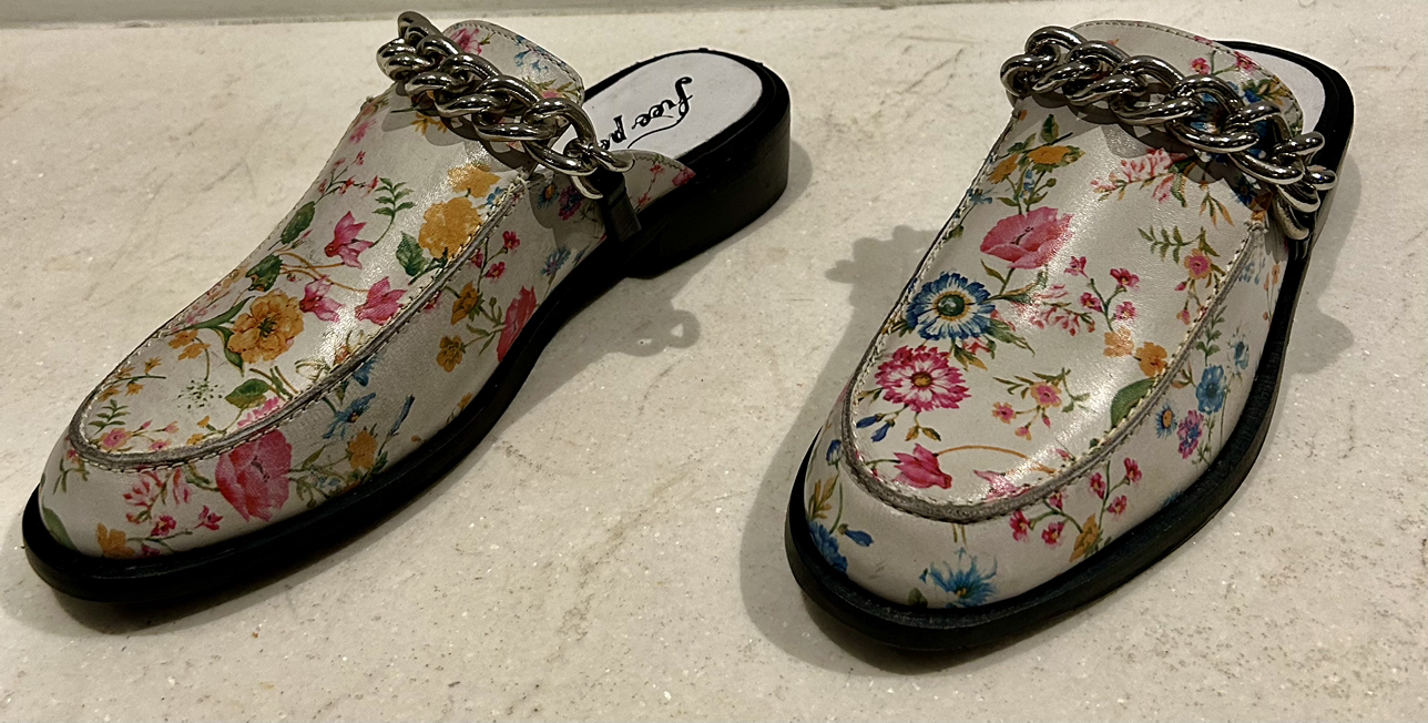 New in box Free People floral and chain mules image indicator(7)