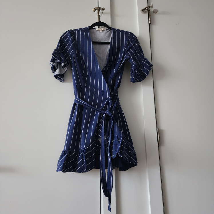 Navy Blue Wrap-around linen blend dress XS thumbnail