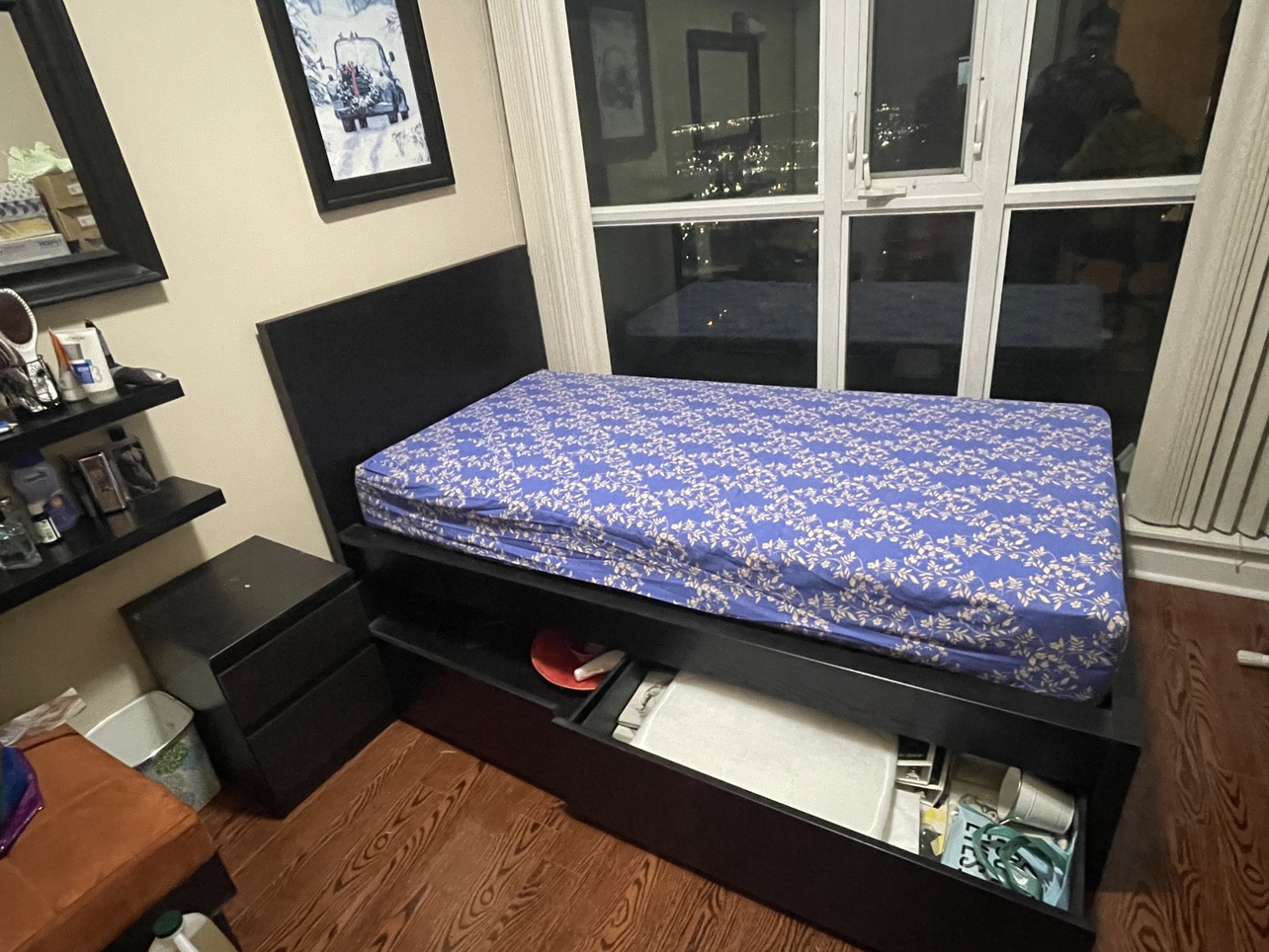 IKEA bed with frame and mattress side table