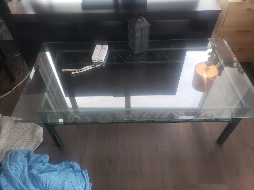 antique glass and metal coffee table and two end tables