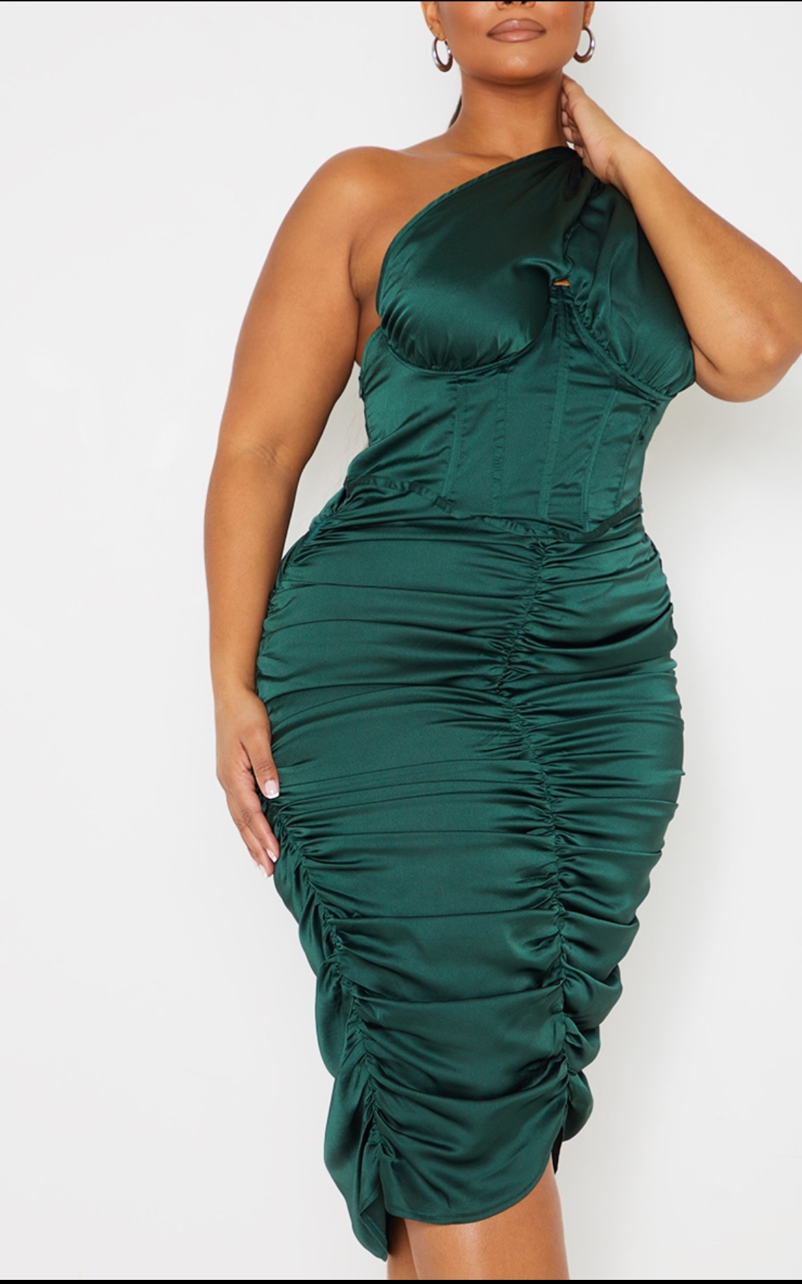 Summer Emerald Green One Shoulder Corset Ruched Satin Midi Dress - photo 5