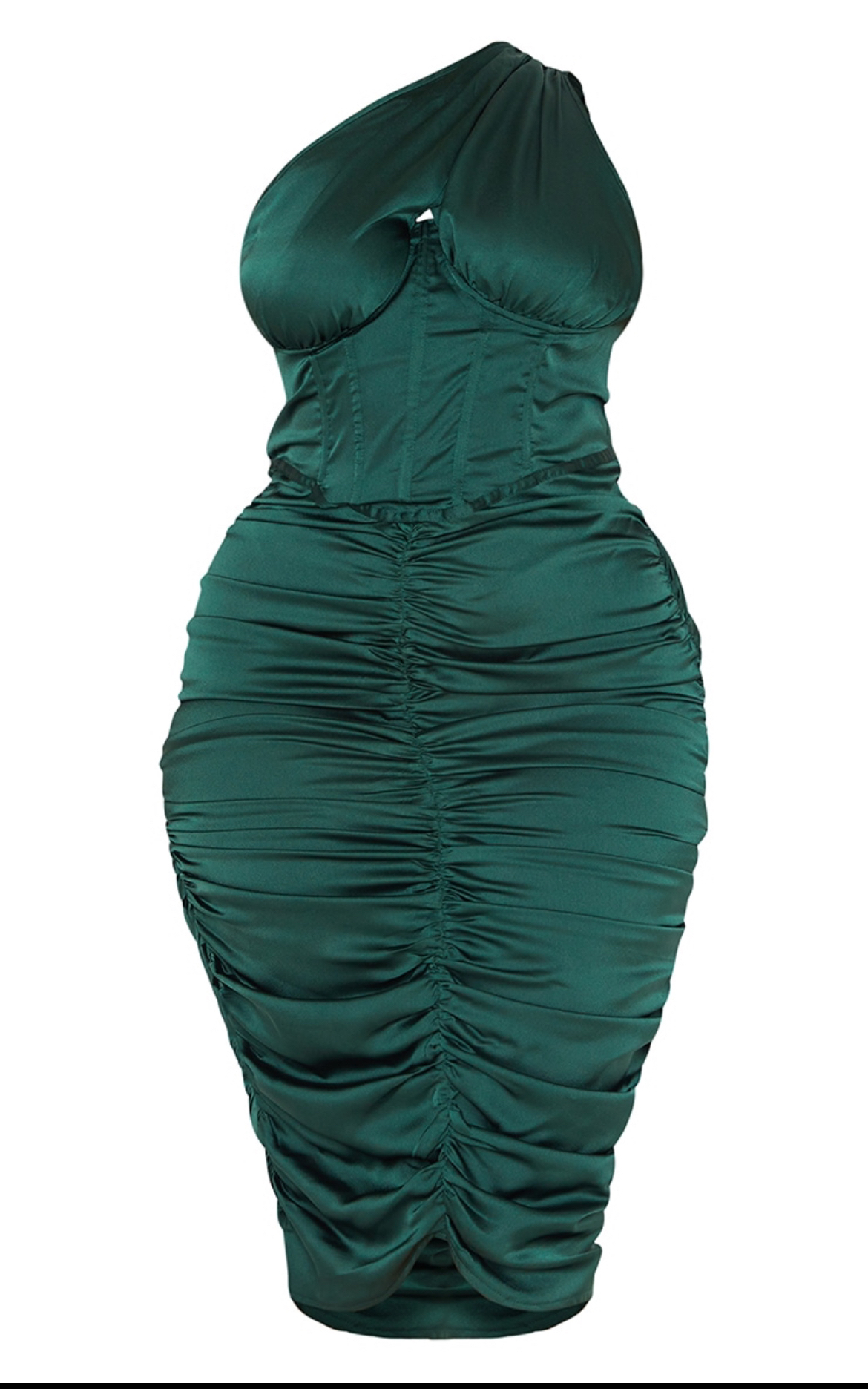 Summer Emerald Green One Shoulder Corset Ruched Satin Midi Dress - photo 4
