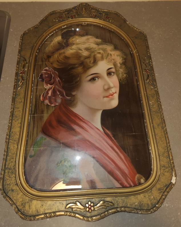 ANTIQUE PAINTING OF LADY IN OVAL WOODEN CONVEX GLASS FRAME thumbnail