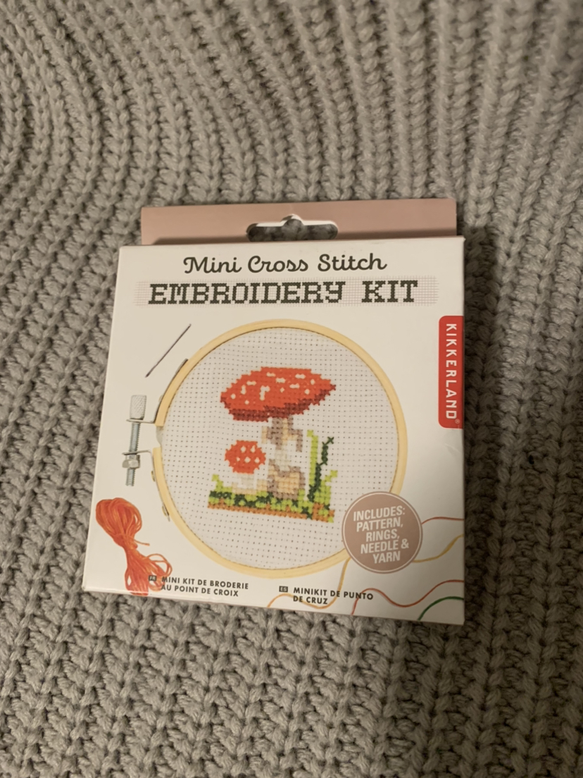 Unopened mini mushroom cross-stitch embroidery kit thumbnail