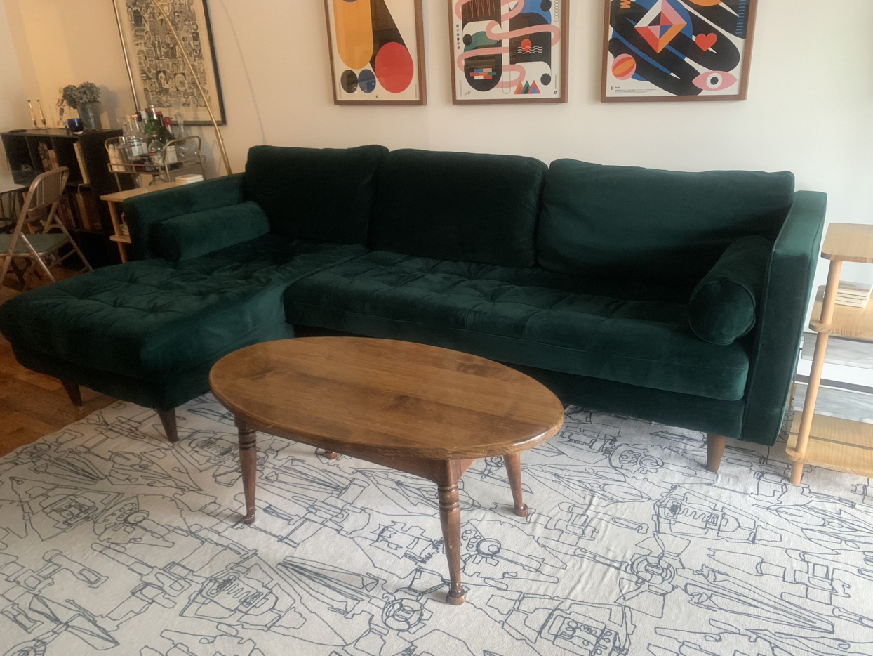 Joybird Briar Sectional Couch with Chaise Lounge, Green Velvet
