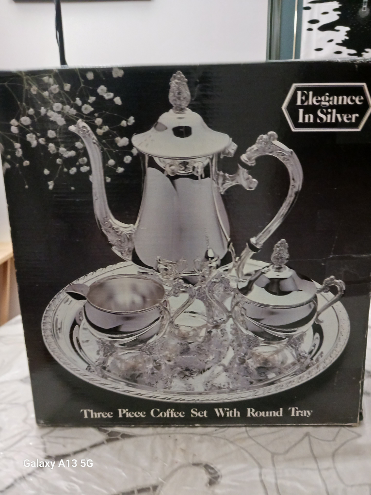 Elegance In Silver 3 piece coffee set w/round tray image indicator(4)