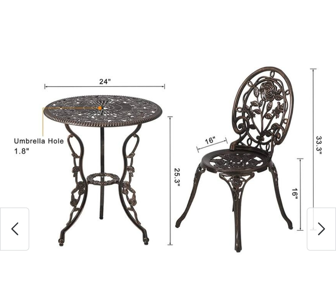 3 Piece Rose Cast-Aluminum Outdoor Patio Bistro Set