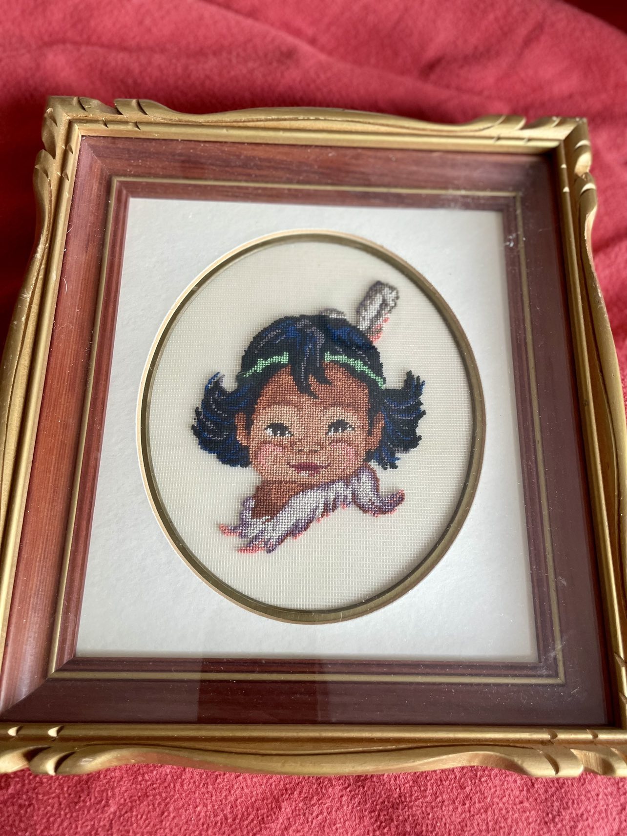 Pair Vintage First Nations Needlepoint Pictures Framed