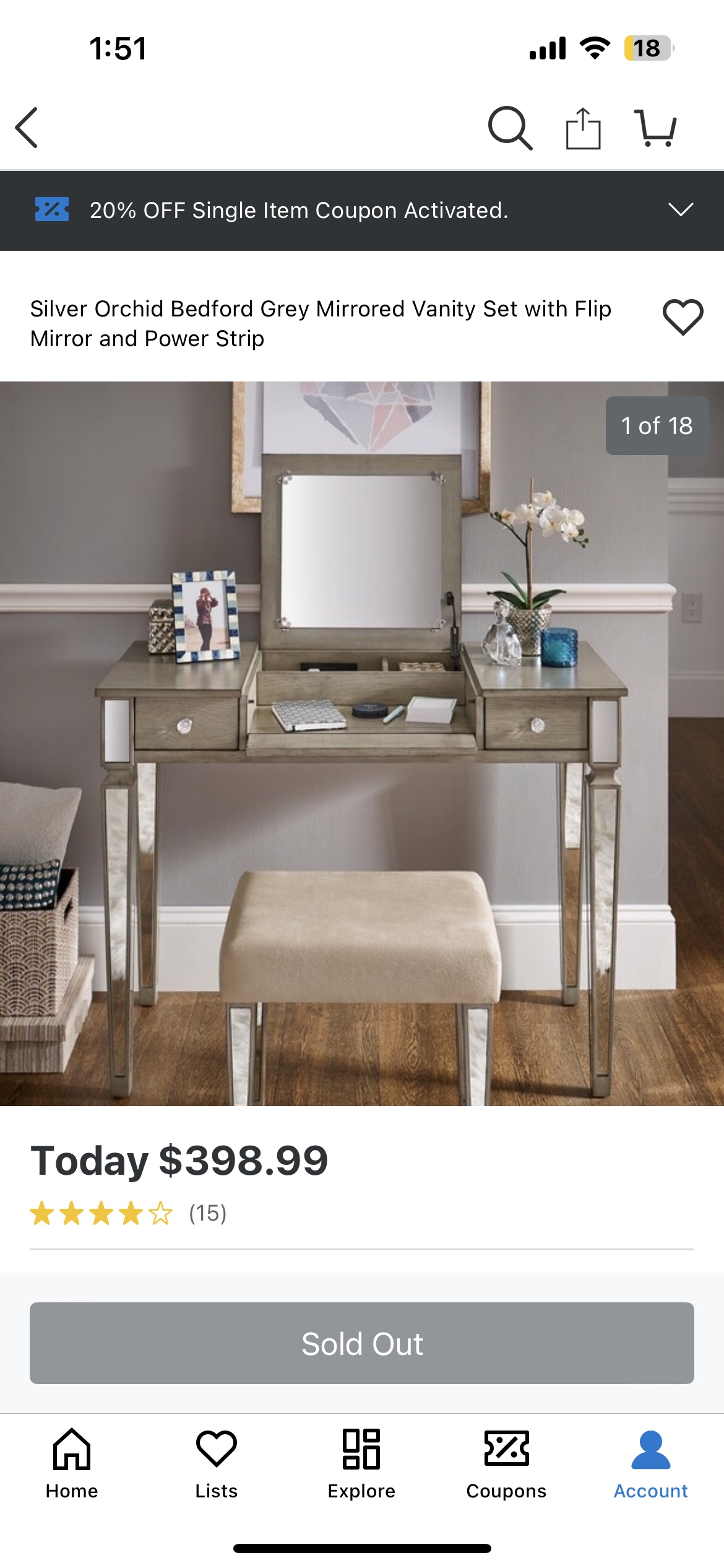 Vanity with stool- gray with mirror details