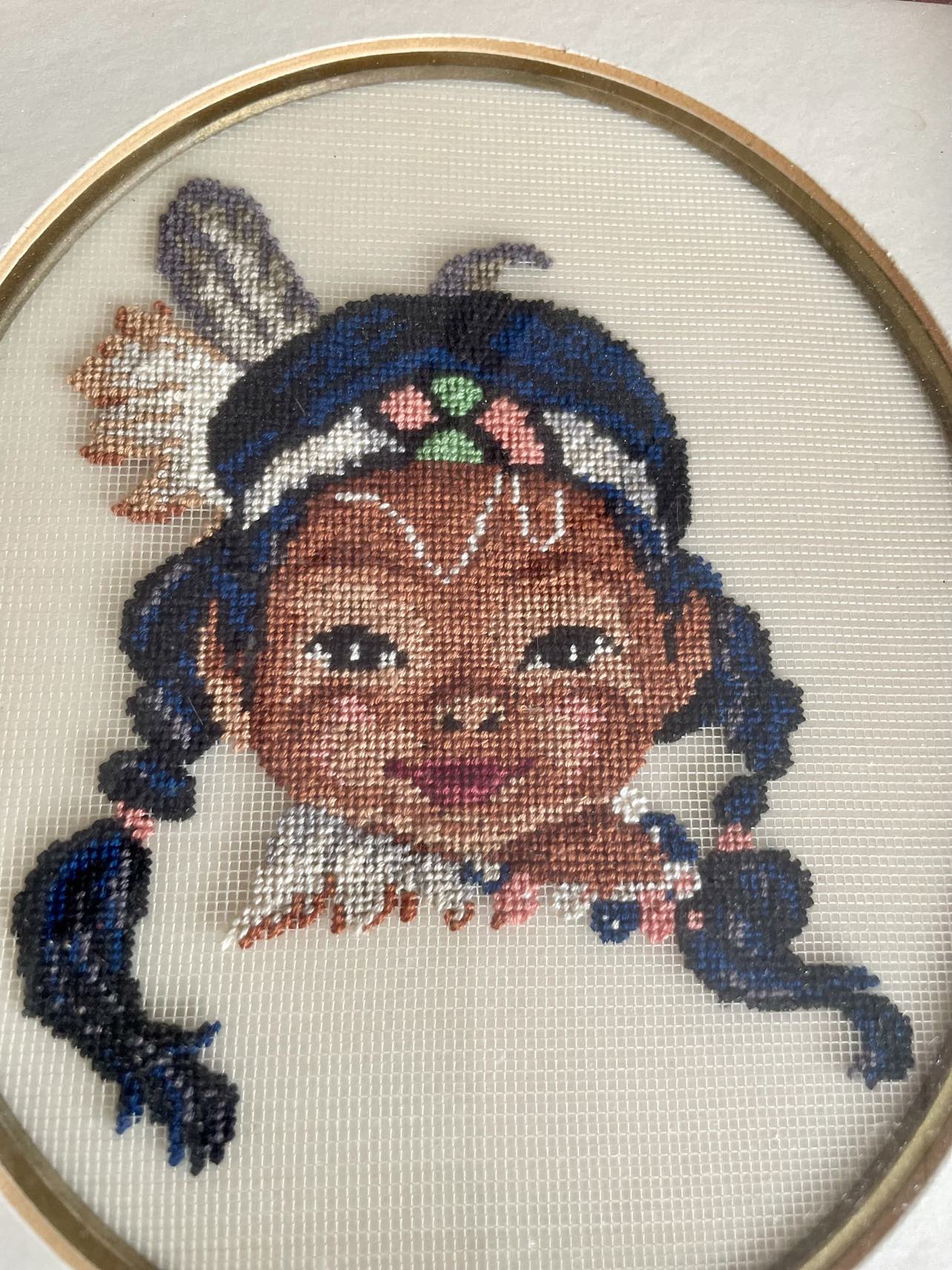 Pair Vintage First Nations Needlepoint Pictures Framed - photo 4