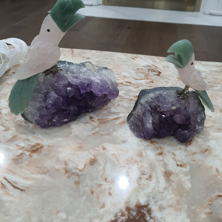 Amethyst Carved Gemstone Quartz Jade Silver Metal Legs Bird