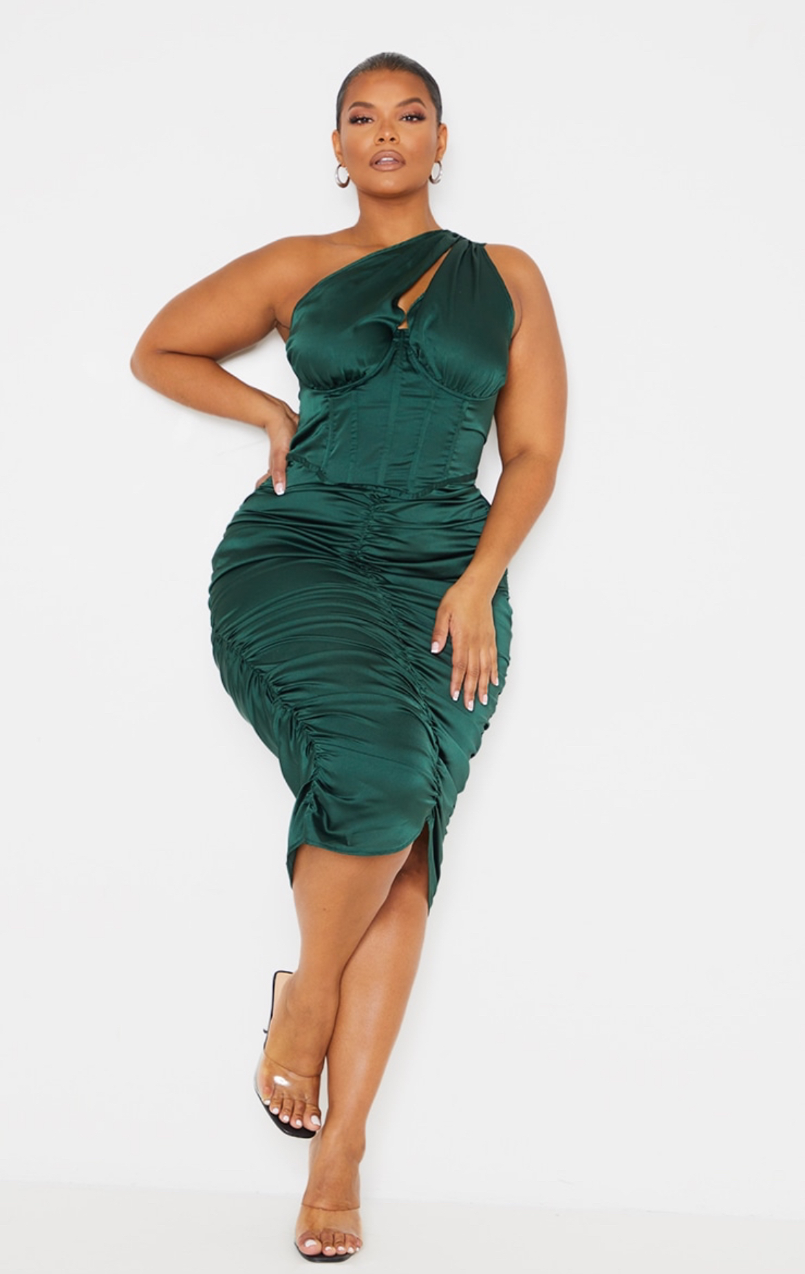 Summer Emerald Green One Shoulder Corset Ruched Satin Midi Dress