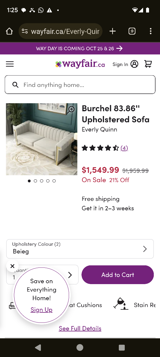 Velvet off-white couch 3 seater - NO CUSHIONS - photo 3