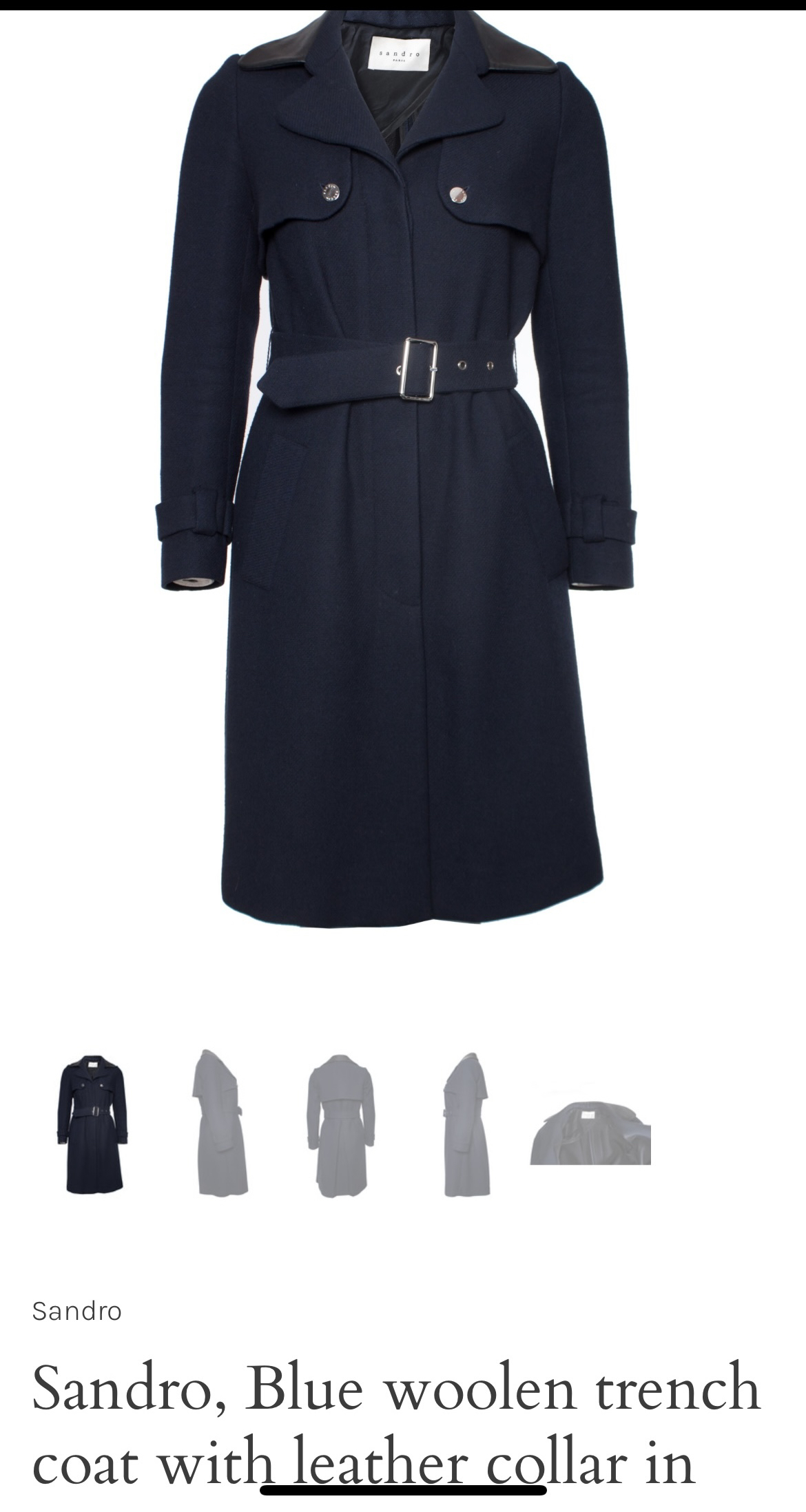 Sandro, blue woolen trench coat with leather collar in