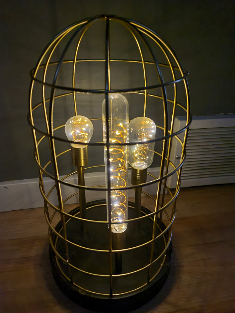 Battery operated Steampunk style caged lamp