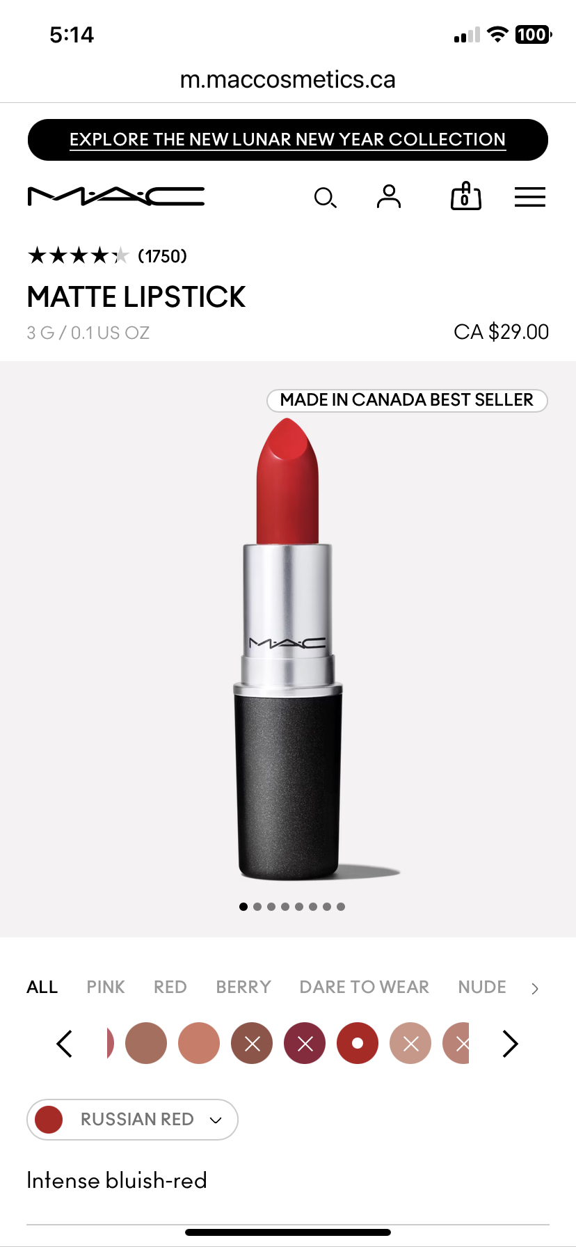 MAC cosmetics matte lipstick in 612 Russian Red thumbnail
