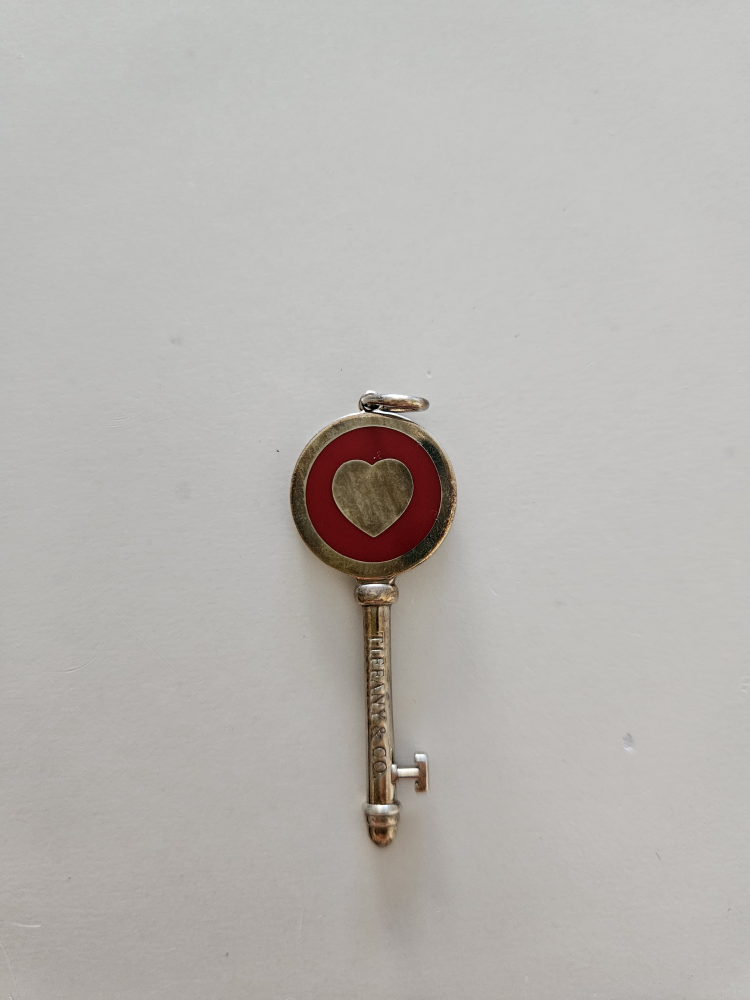 Tiffany & Co. Silver Red Enamel Heart Key Pendant Charm thumbnail