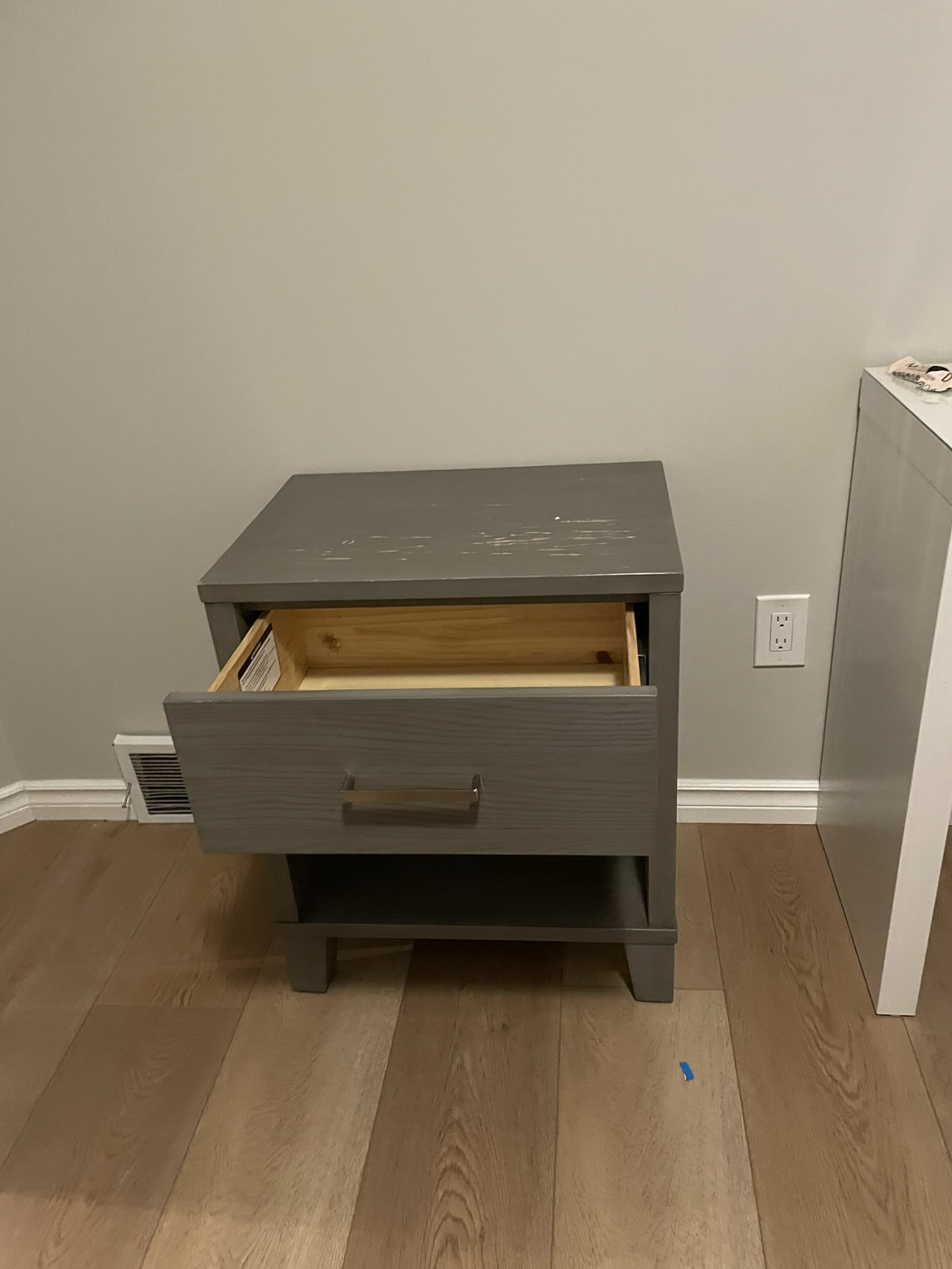 Grey wood bed and one night stand for sale