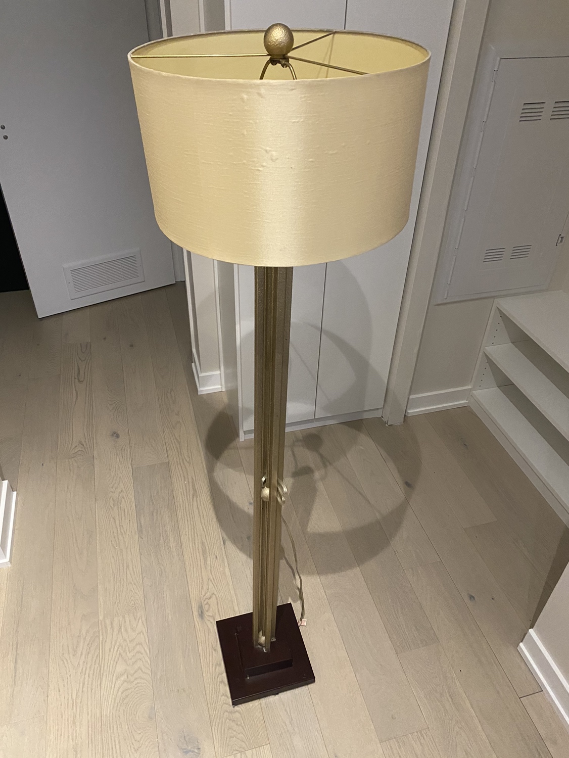 Brass Floor Lamp with Beige Cylinder Shade