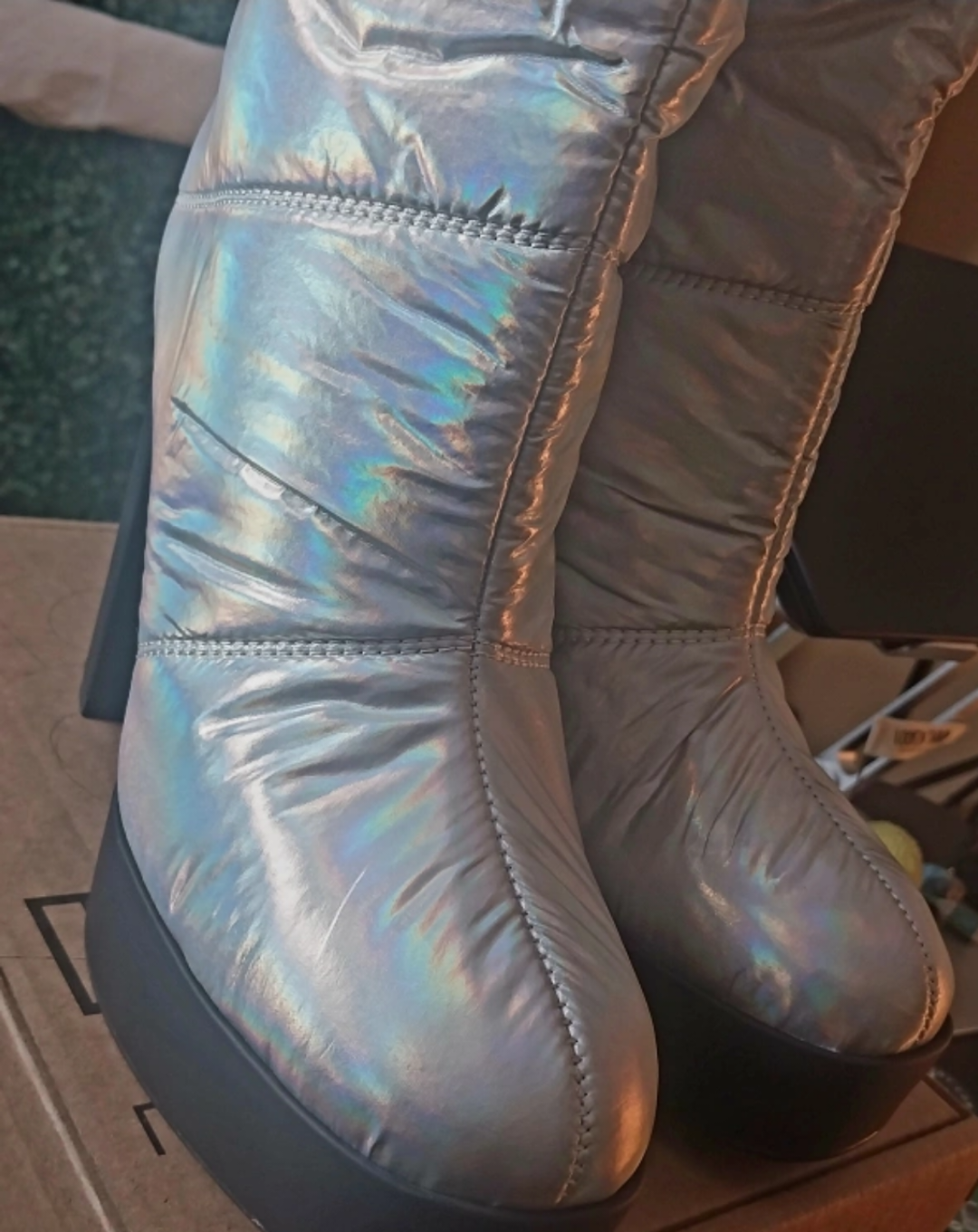 Ladies' florescent silver colored puff boots image indicator(2)