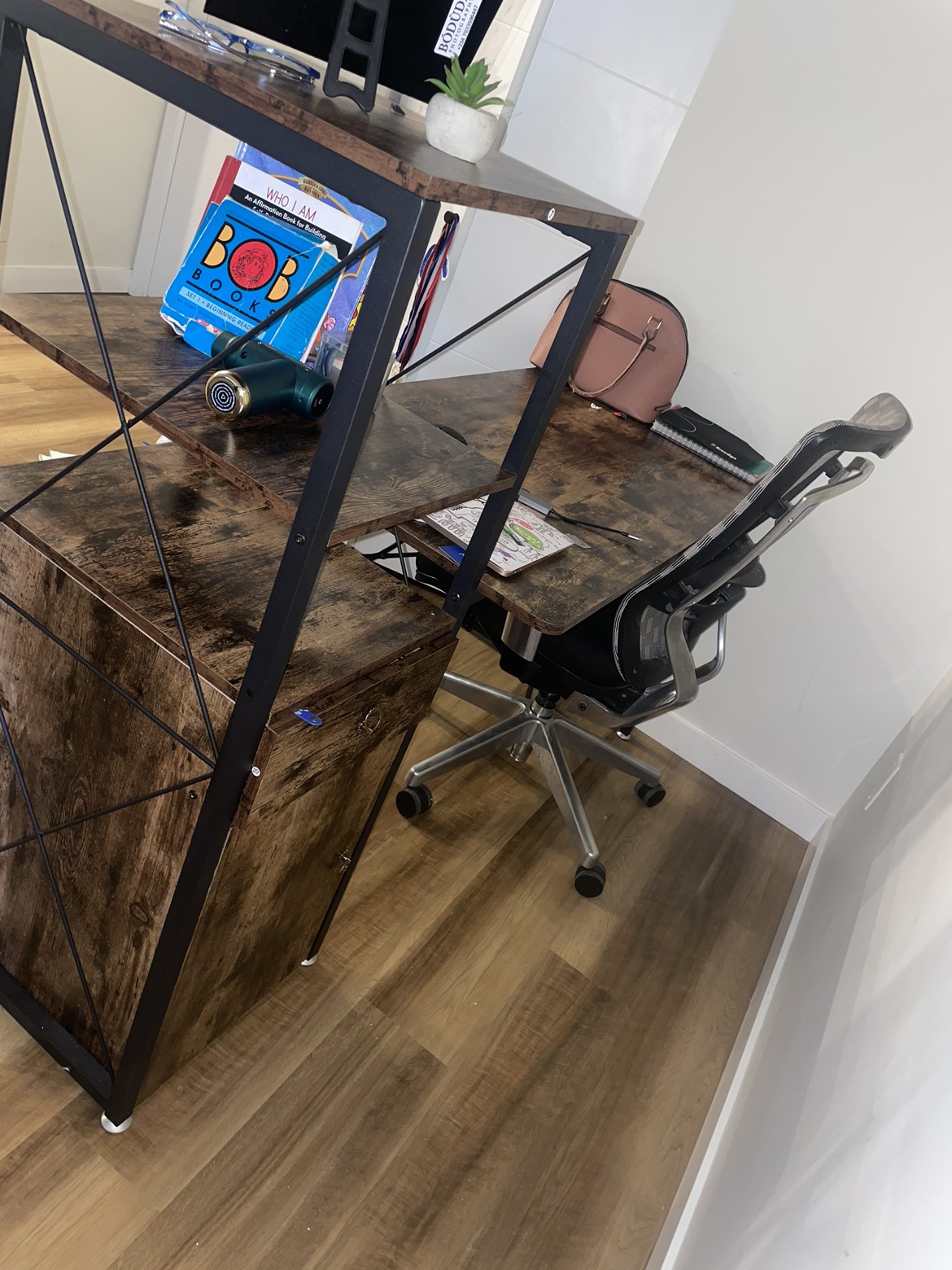 Barely used desk with locker and metal shelving + Free Chair