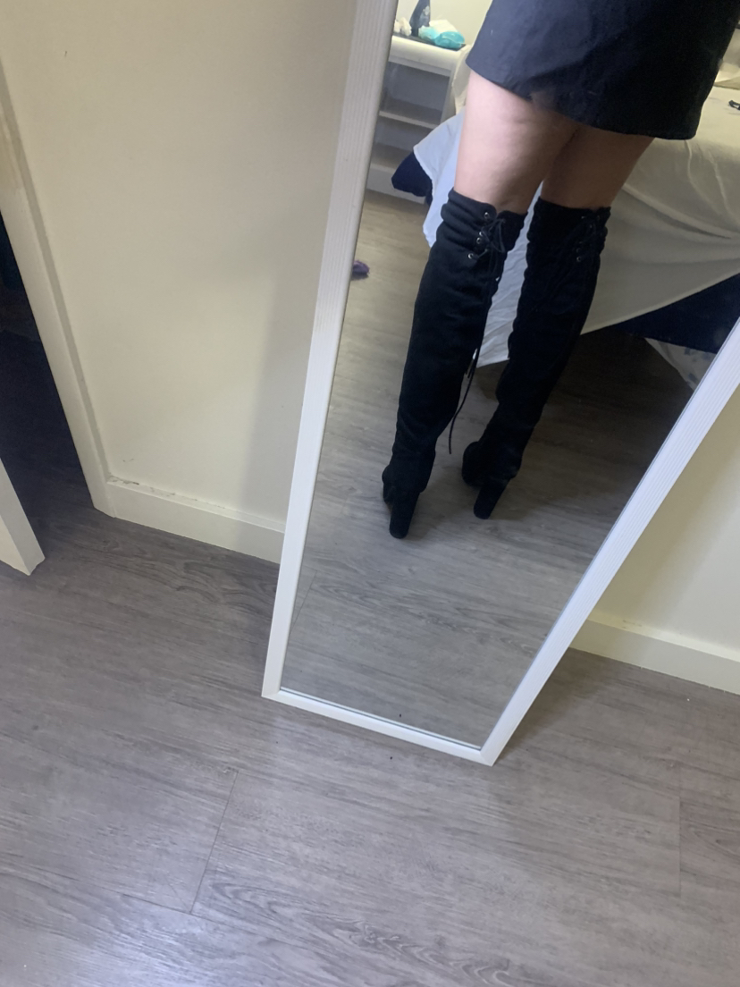 Black thigh high suede boots with lace up detail image indicator(6)