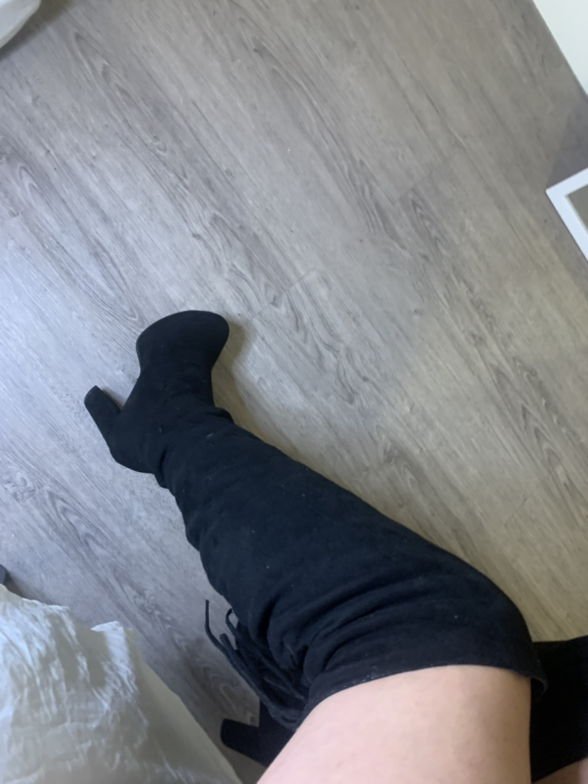 Black thigh high suede boots with lace up detail image indicator(4)