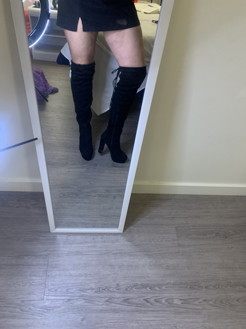 Black thigh high suede boots with lace up detail image indicator(5)