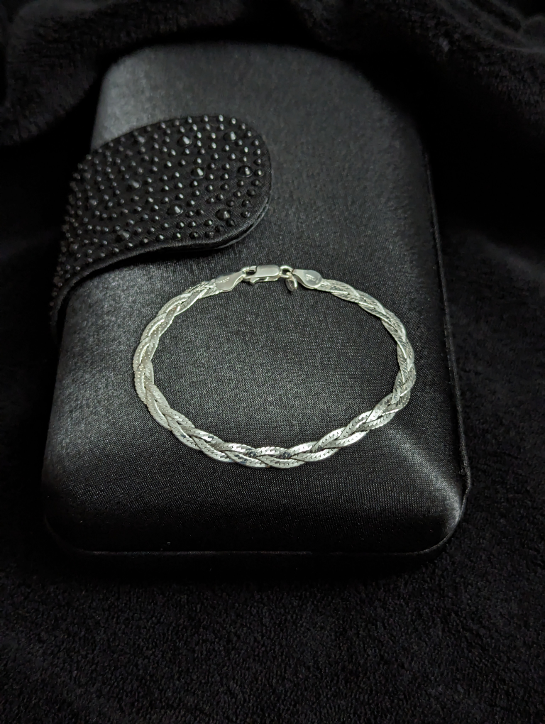 925 Sterling Silver Braided Herringbone Chain Bracelet thumbnail