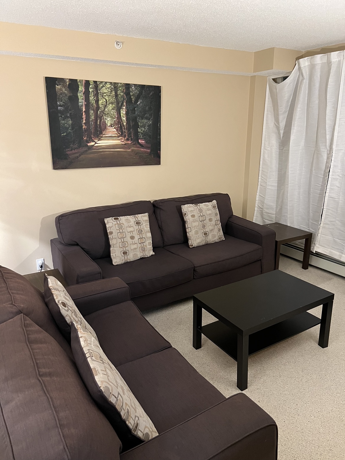 Sofa, loveseat, coffee table, 2 end tables and wall poster