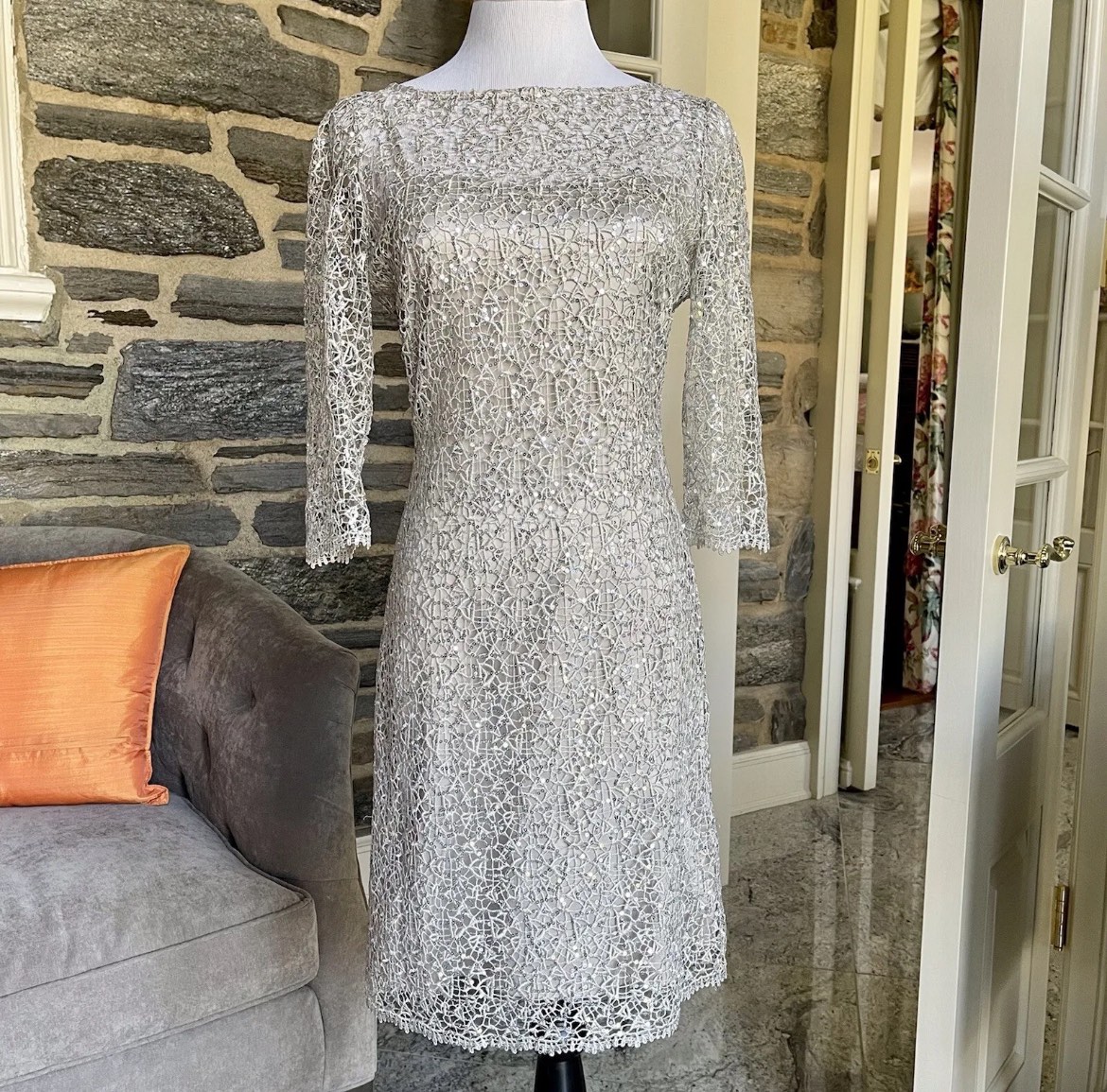Kay Unger Dress Silver Sequin Crochet Size 10 - photo 2